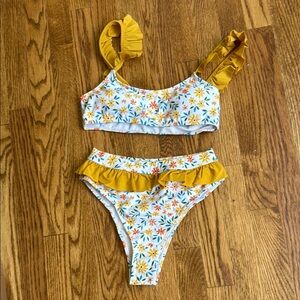 Yellow ruffled floral bikini set